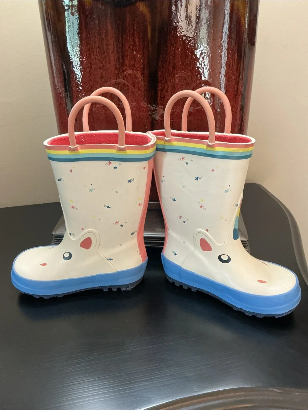 🦄 Kids Unicorn Rain Boots “Wellies” w/Rainbow Trim & Loop Pull-up Straps - Sz